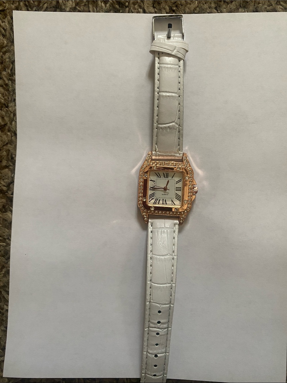 White Leather Bracelet Watch with Crystal-Studded Rose Gold Case